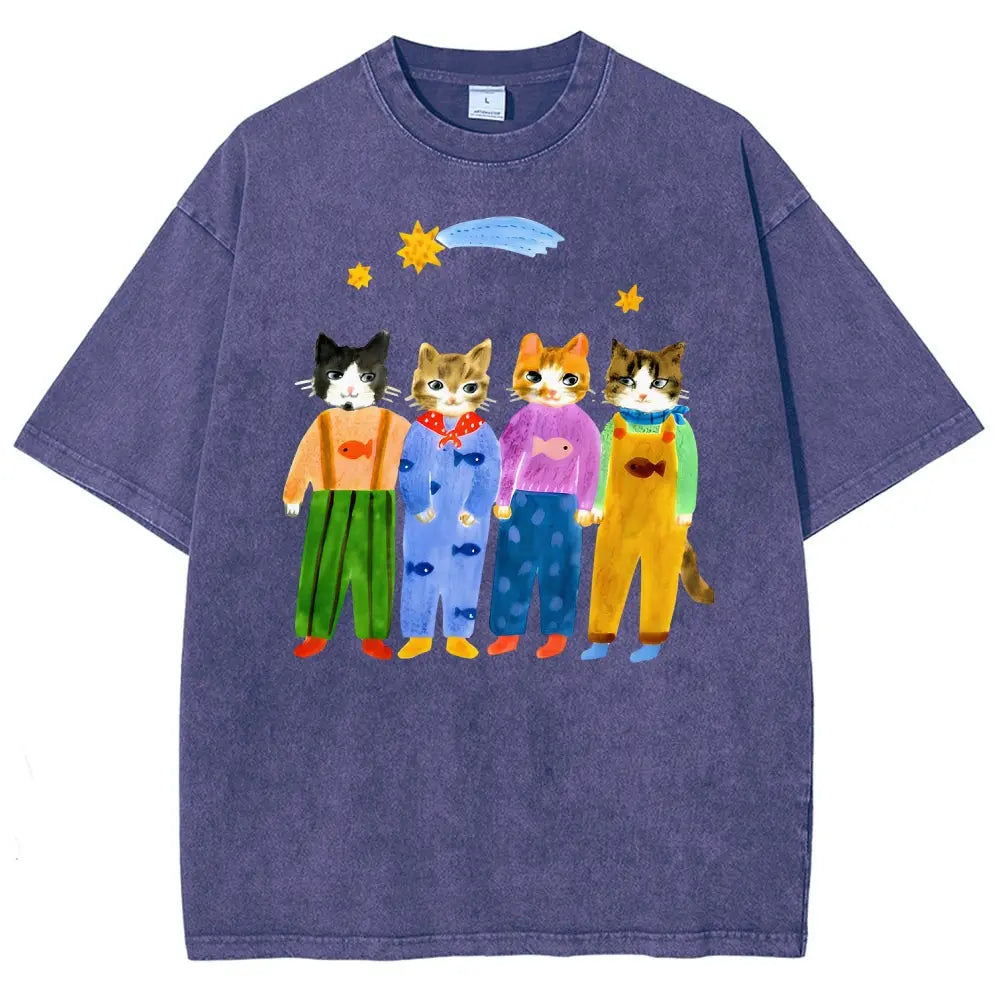 Men's Retro Hand-Painted Funny Cats In Overalls Graphic Vintage 90s Short-Sleeve Round-Neck Unisex Oversized Menswear T-Shirt, Breathable Fabric, Streetwear & Vacation Outfits