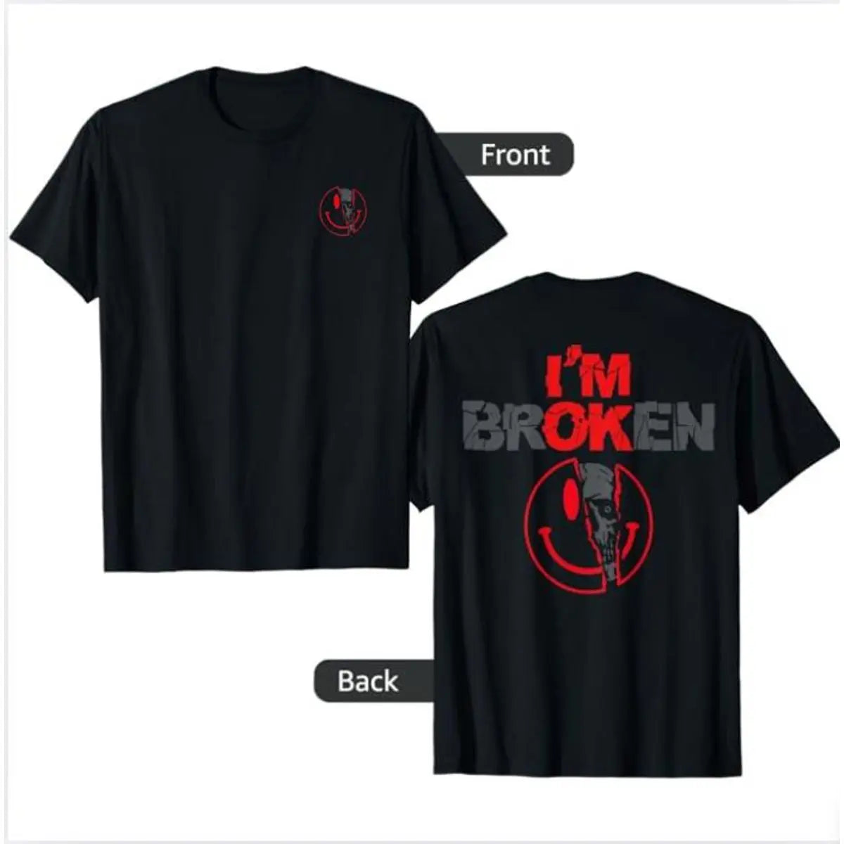 Unisex Cotton Graphic Round Neck Sweatshirt - 2-Sided 'I'm Broken' Smile Face Digital Print, Loose-Fitting T-Shirt, Long Sleeve Sporty Chic Garment, Customized All-Season Casual Streetwear, Machine Washable